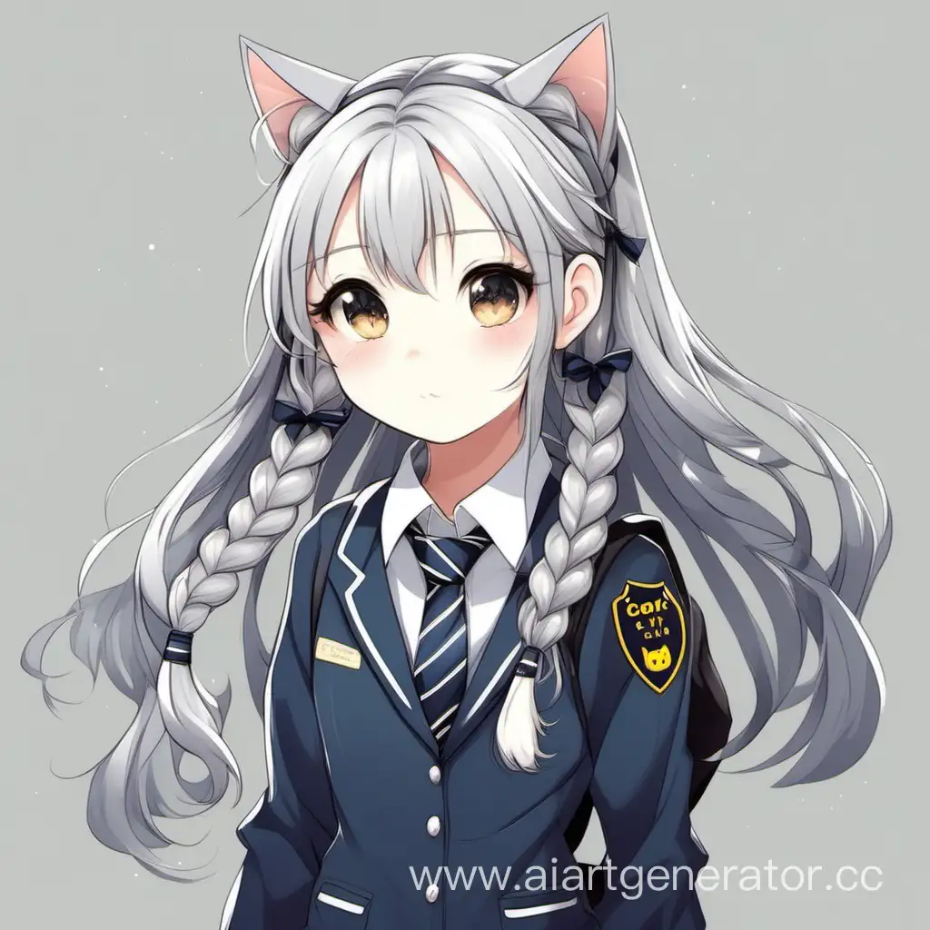 Девушка кошка с длинными серебрянными волосами в косах, школьной форме с гаулстуком, стиль нарисованный мультфильм, кошачьи уши и хвост