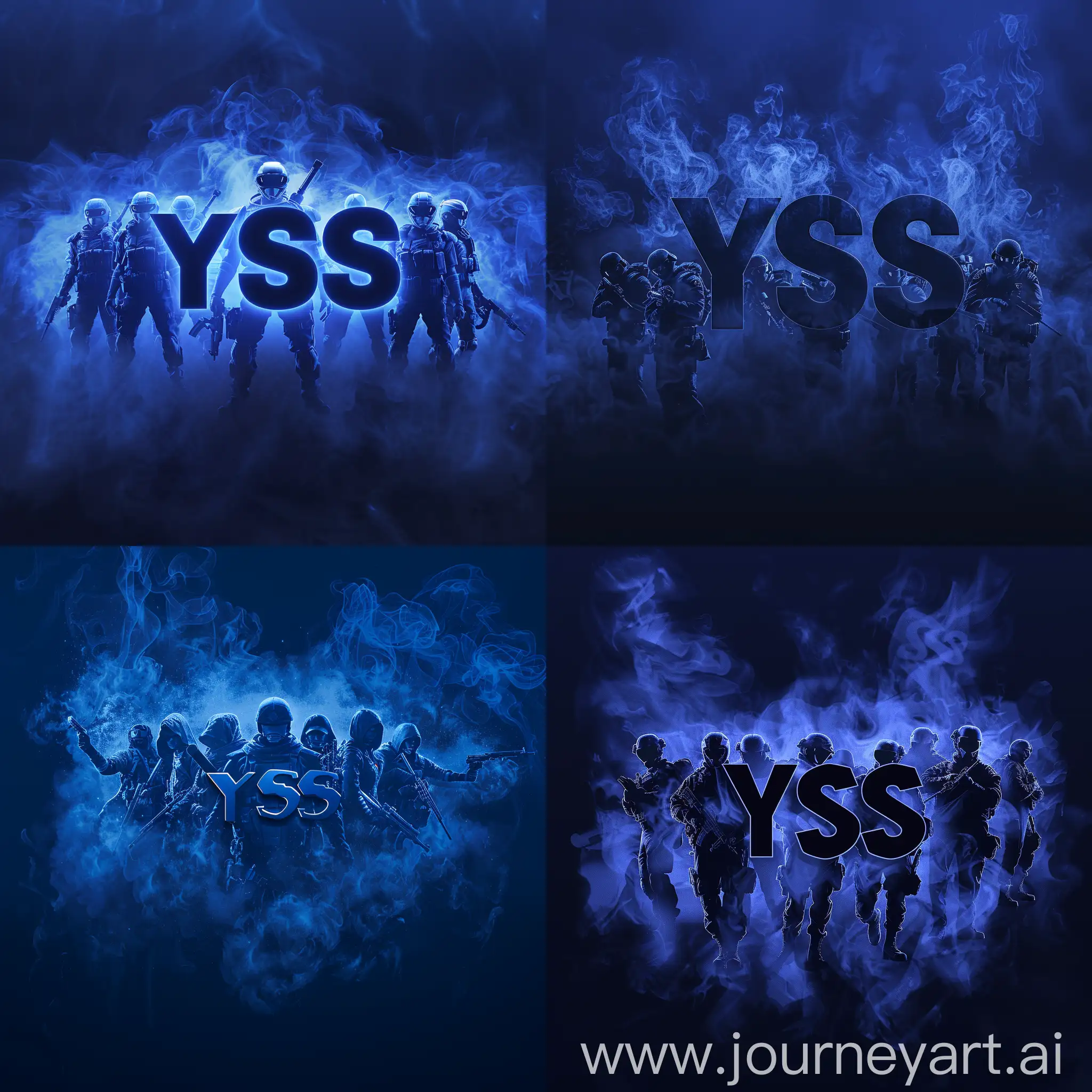 Gaming logo, темно-синие буквы "YSS", окруженные 5 рейнджерами и туманными контурами, что придает образу таинственности и загадочности, --s 200