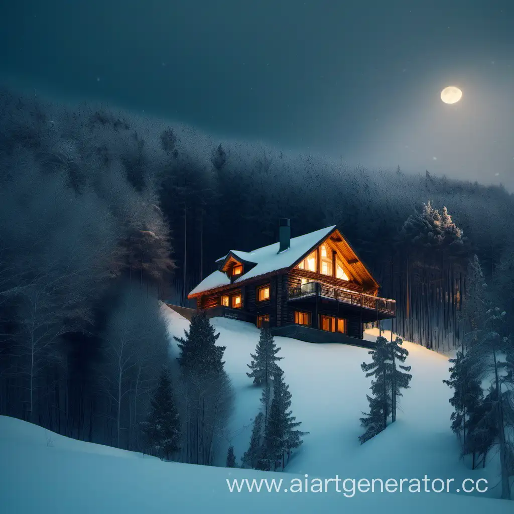 Winter-Night-Log-House-on-Rocky-Hill-in-Pine-Forest