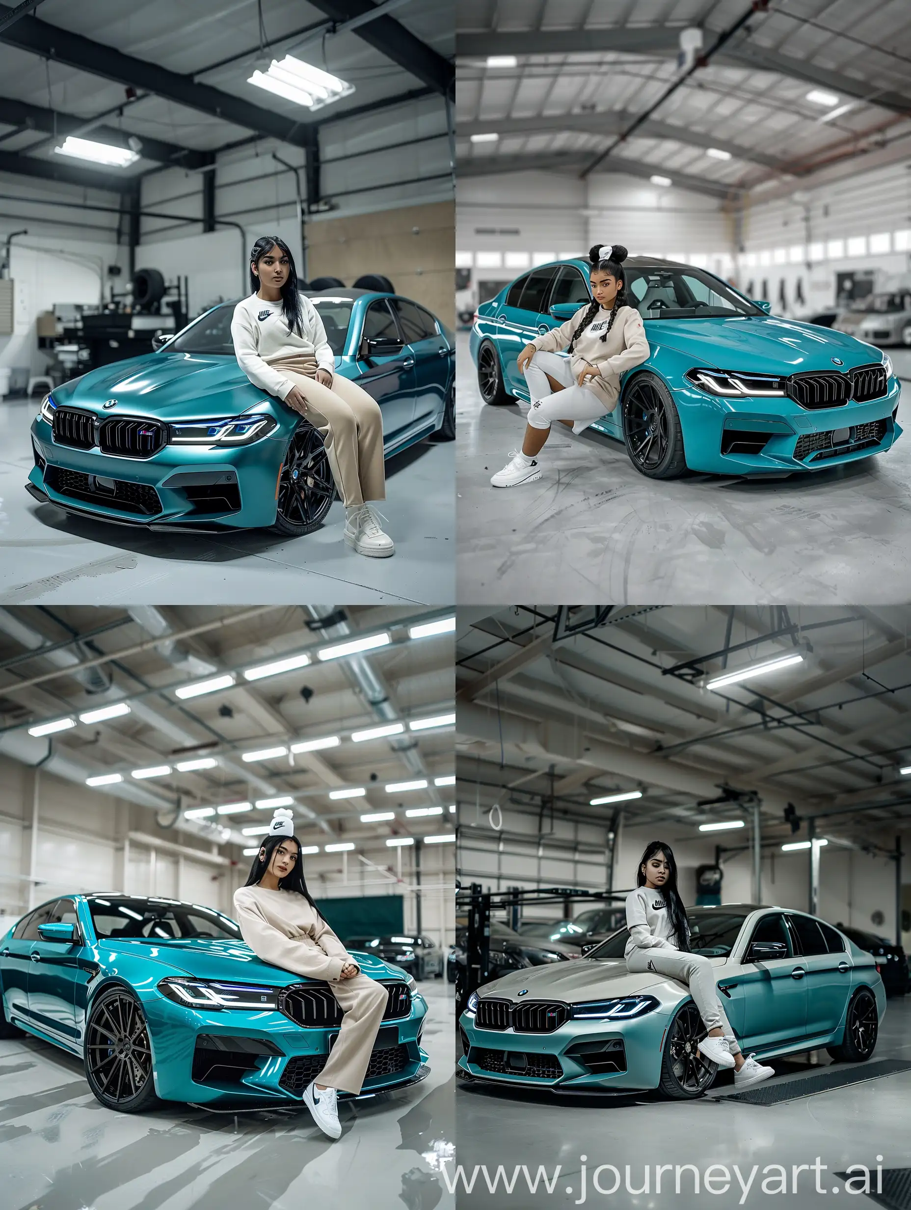 Turkish-Girl-with-Black-Hair-Poses-on-BMW-M5-Facelift-in-Garage
