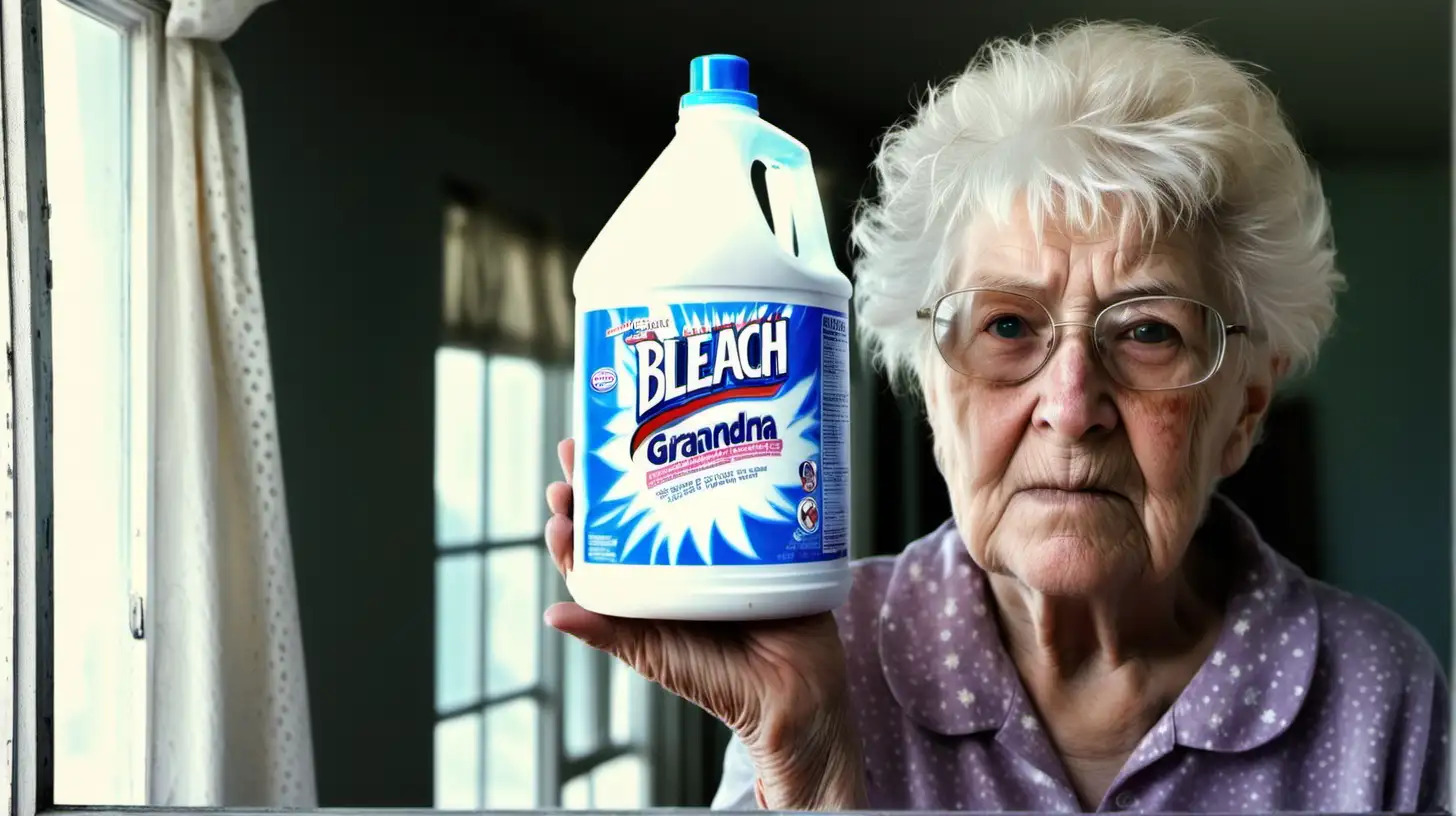 grandma holding up bleach near dusty window close up