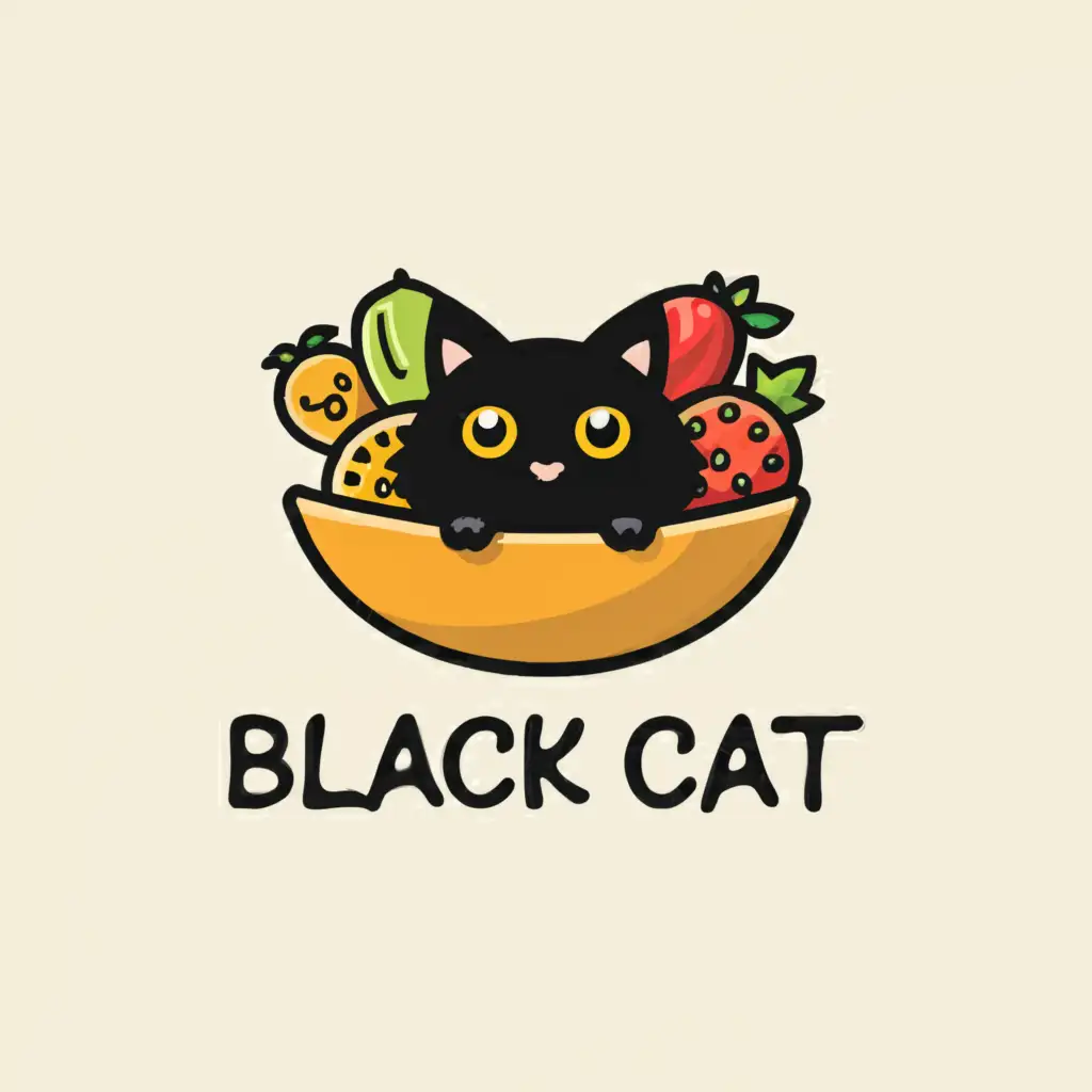 a logo design,with the text "BLACK CAT", main symbol:Cute  Cat in a fruit bowl,Moderate,be used in Restaurant industry,clear background