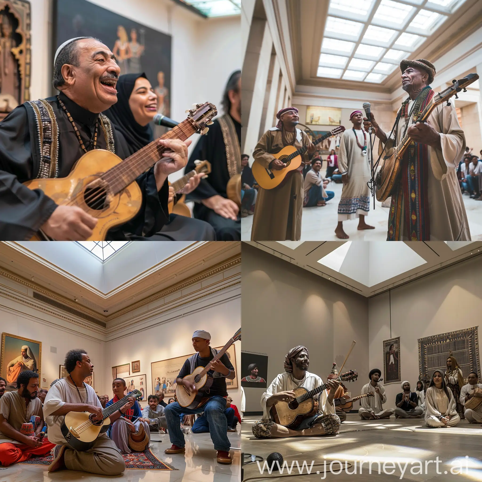 Popular Music , museum  exhibitions , the development of music , watching videos of famous folk artists and listening to audio recordings of their distinctive songs that have influenced contemporary Egyptian culture , skylight , people