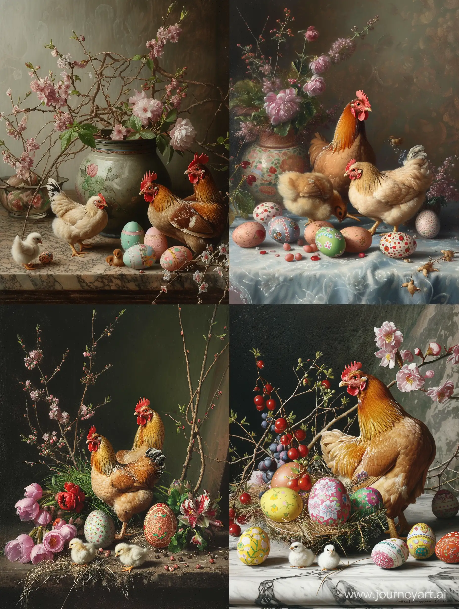 Натюрморт с курицей, цыплятами и пасхальными яйцами. Стиль рисунка российских художников 19 века. Масляная живопись. 