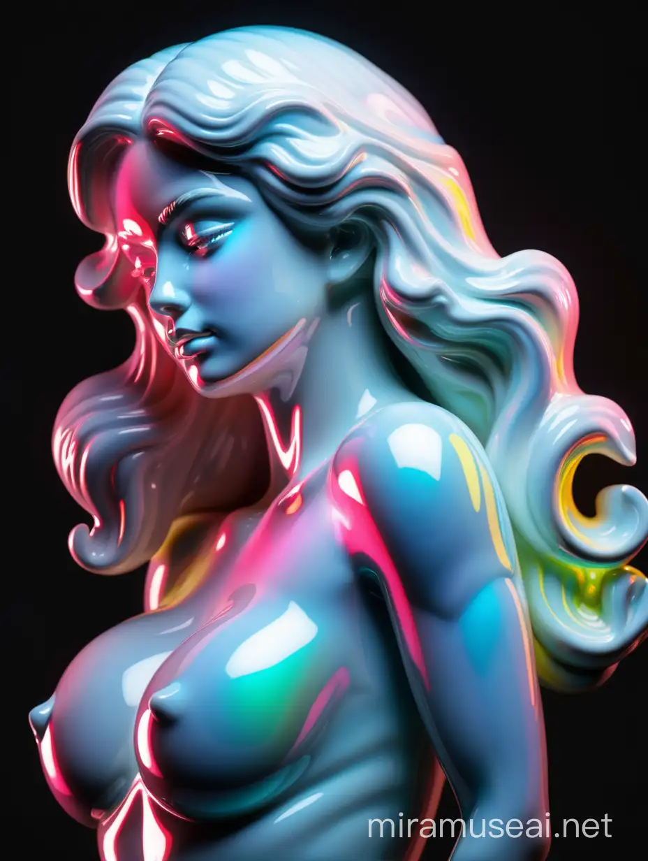 Iridescent Neon Porcelain Feminine Figure with Strong Expression on Black Background