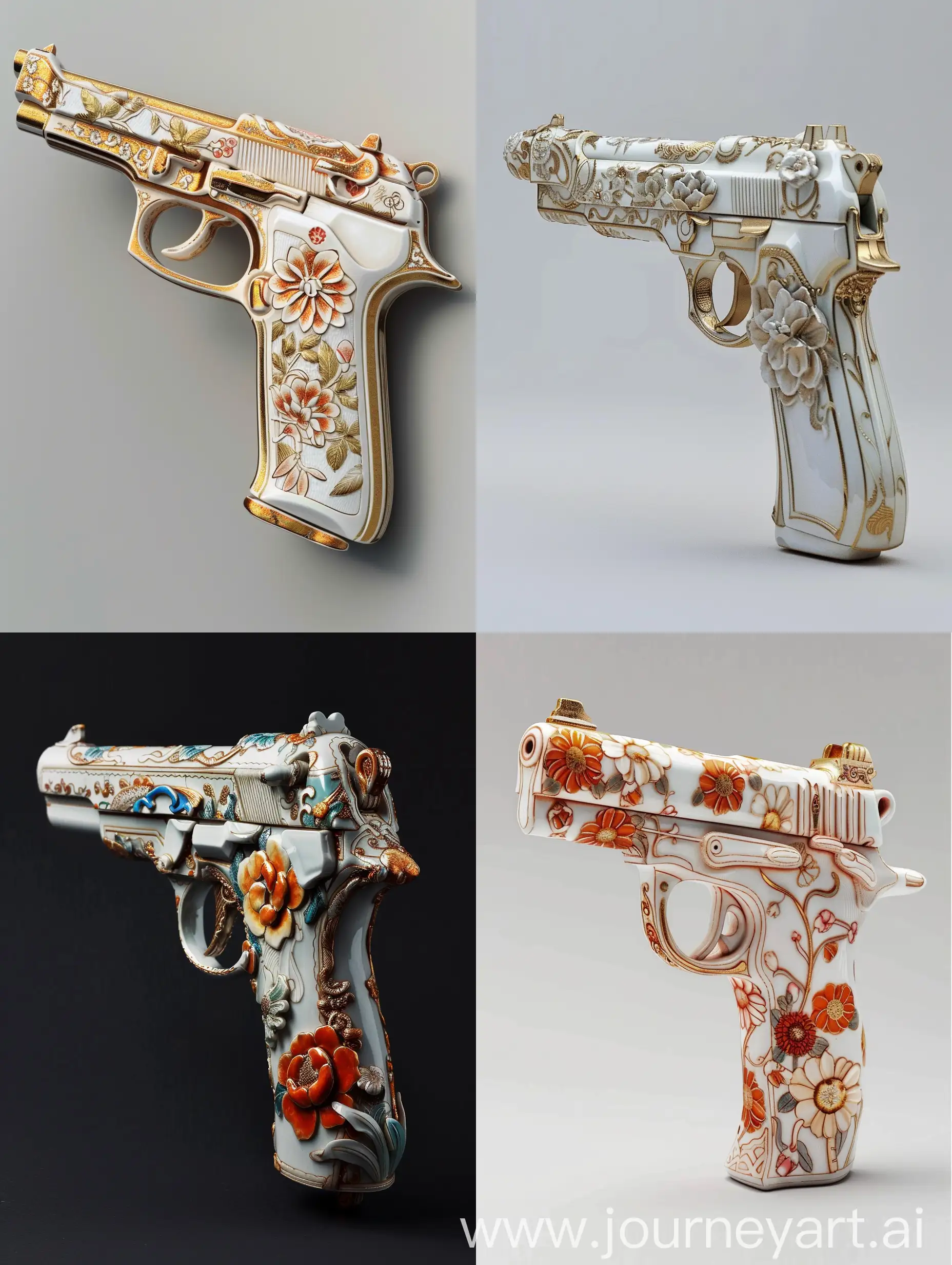 a gun, made of porcelain, kutani style, hyper realistic, 3d, museum
