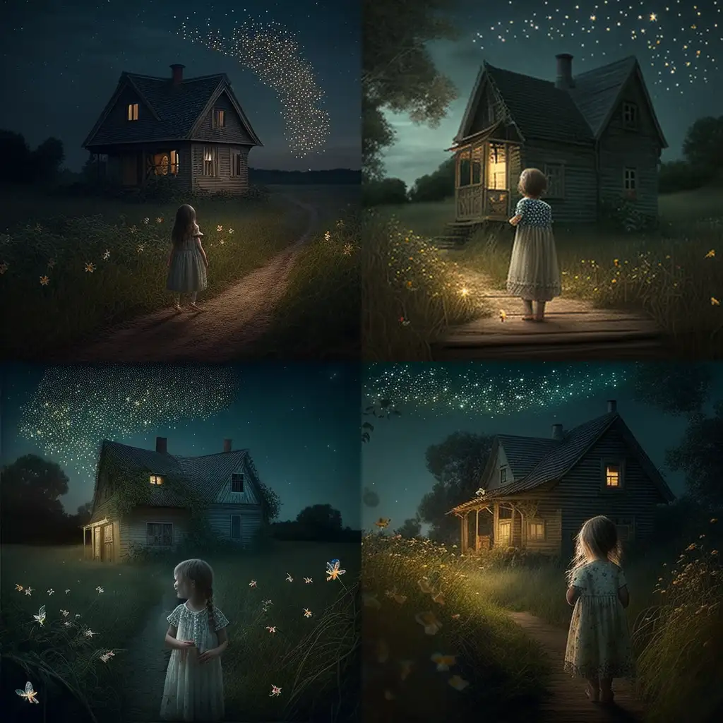 countryside, 
small  house,
tiny stars twinkling 
young child,
long curly hair
lace nightgown,
fireflies,
whimsy.