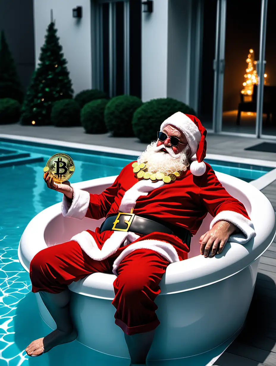 Santa Claus Enjoying a Cryptocurrency Pool Soak