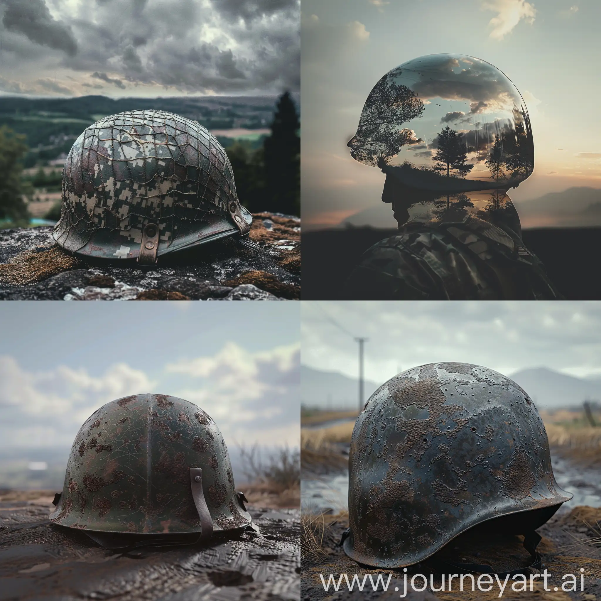 Empty-Soldiers-Helmet-on-Barren-Landscape