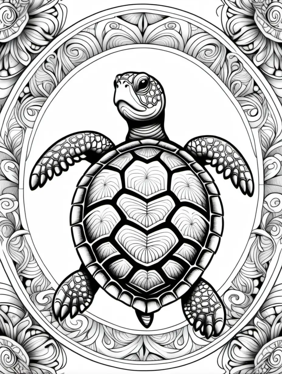 Adult coloring book, turtle, mandala, black and white, high detail, no shading