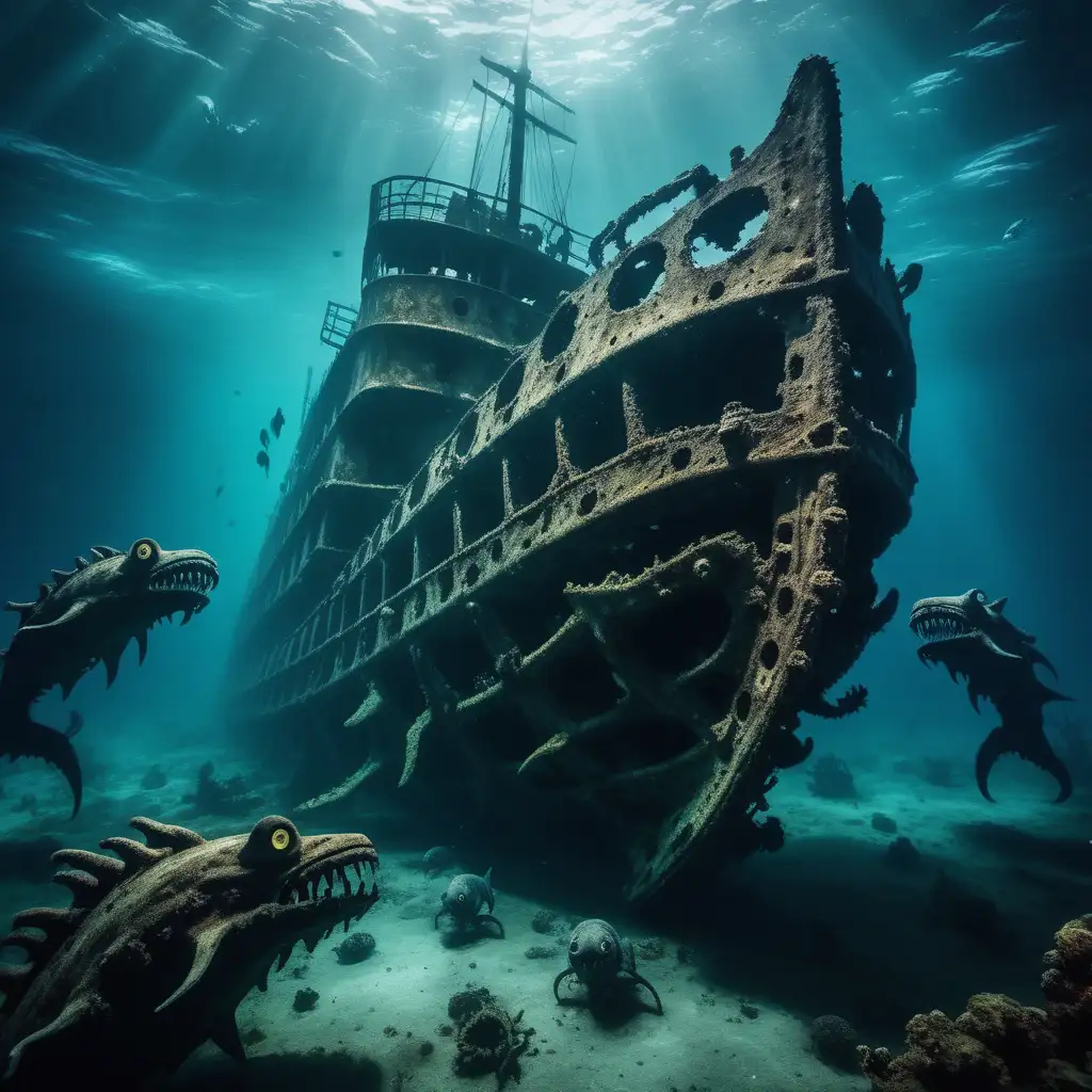 underwater view of sea monsters swimming around an old shipwreck lying at the bottom of the sea