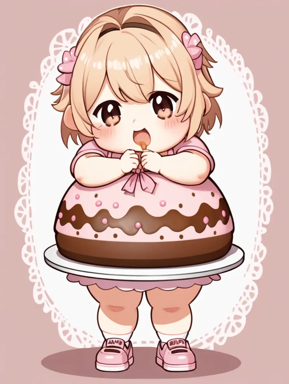 Fat little girl with large belly looking at a delicious cake and drooling, chibi, cute