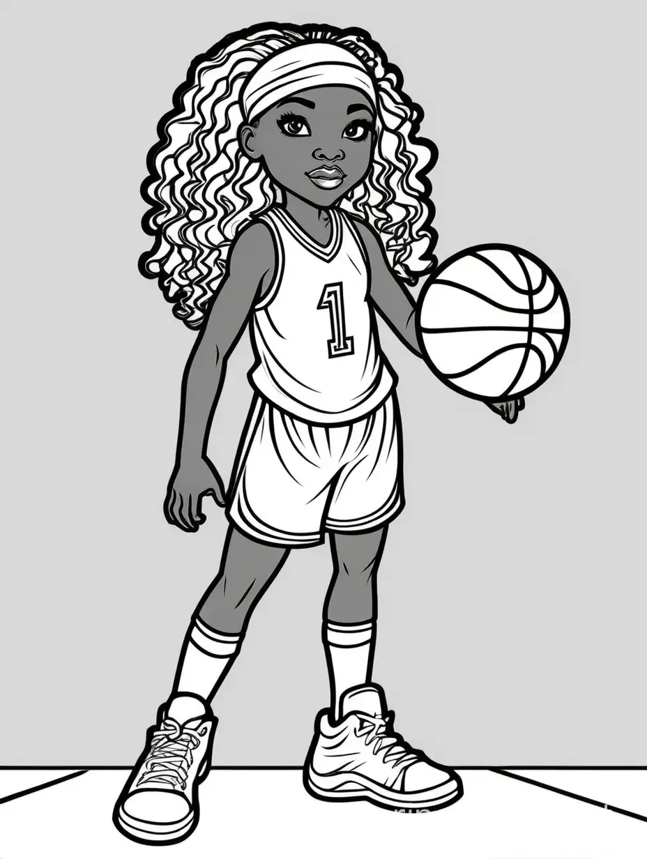 girl basketball, black girl, basketball uniform, confident, determined, uniform says "all star", Coloring Page, black and white, line art, white background, Simplicity, Ample White Space. The background of the coloring page is plain white to make it easy for young children to color within the lines. The outlines of all the subjects are easy to distinguish, making it simple for kids to color without too much difficulty