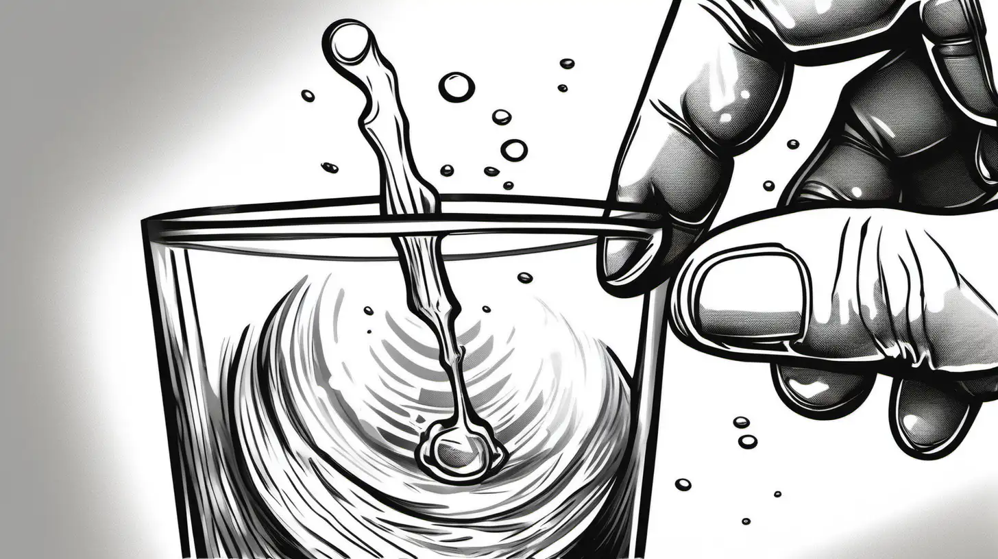 An extreme close up view of a finger being dipped in a glass of water in a black and white sketch style