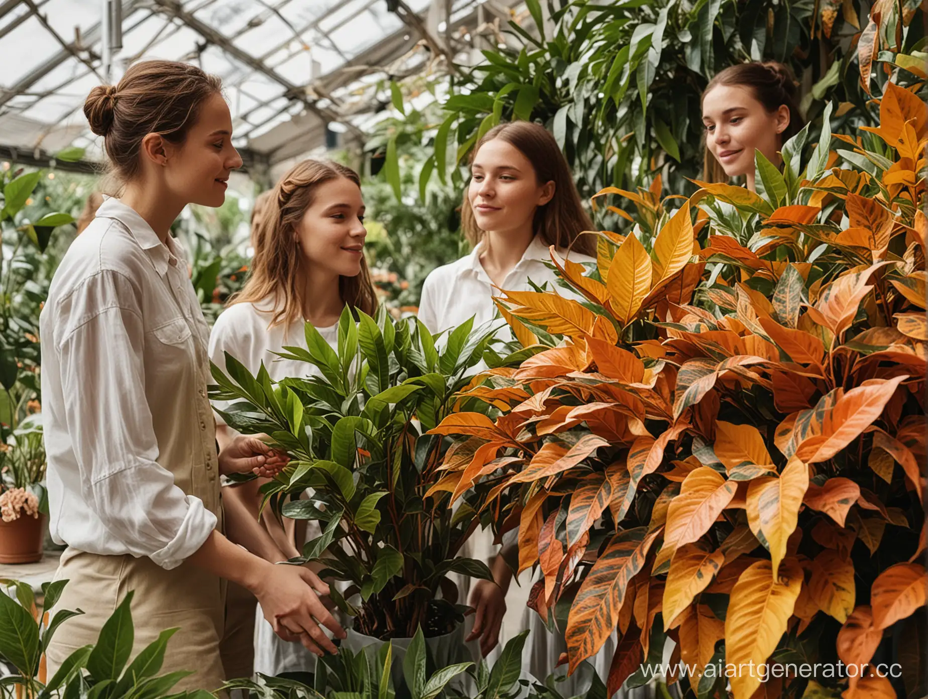 группа из 3 молодых людей стоит в цветочном магазине. люди стоят боком. они все удивляются красоте листьев растения кротон. у кротона яркий эффектные листья