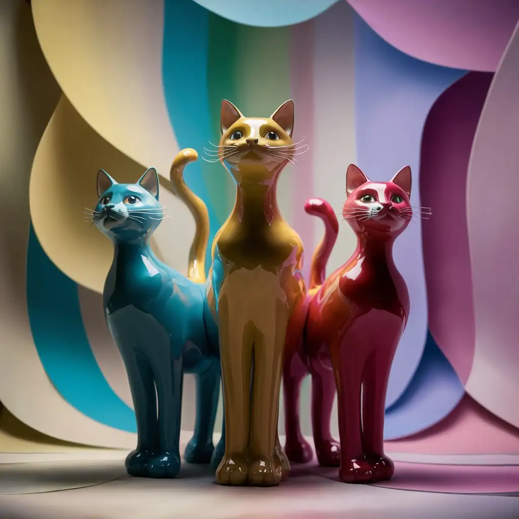 3 different whimsical full-body gorgeous smooth colorful 陶瓷 cats standing on many paws, photo, cinematic, vibrant
