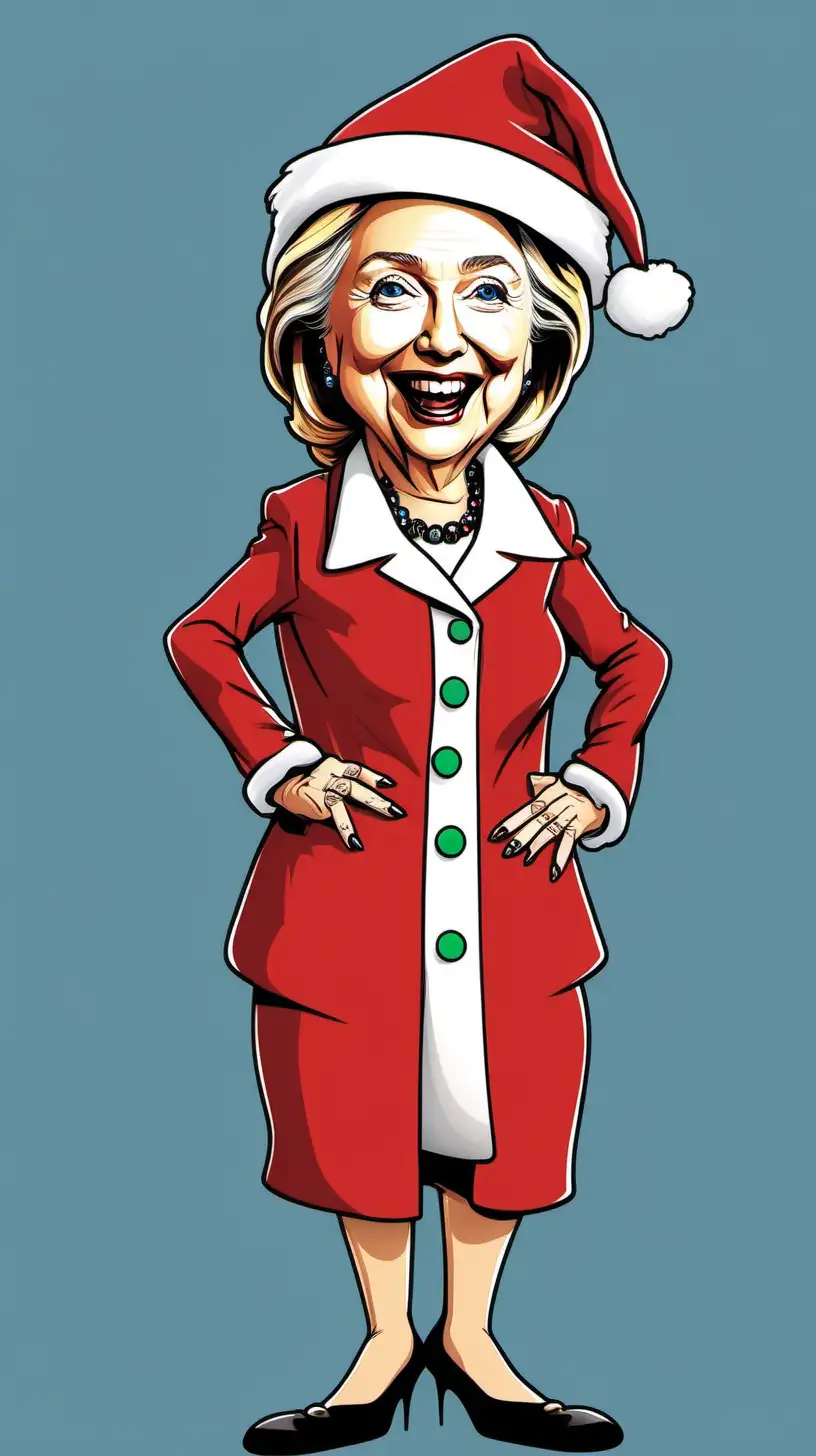 Humorous FullBody Cartoon of SantaHatClad Hillary Clinton