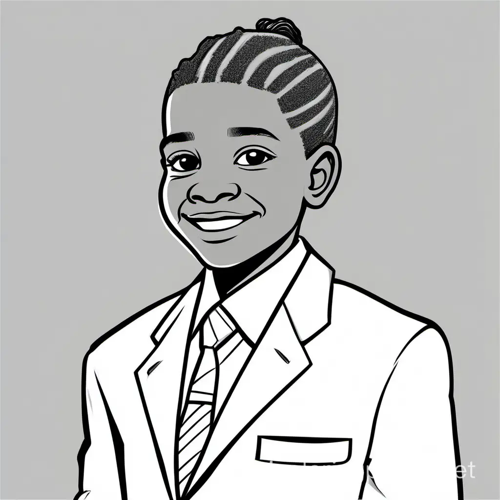 african american 10 year old boy with ponytail as business man, Coloring Page, black and white, line art, white background, Simplicity, Ample White Space. The background of the coloring page is plain white to make it easy for young children to color within the lines. The outlines of all the subjects are easy to distinguish, making it simple for kids to color without too much difficulty