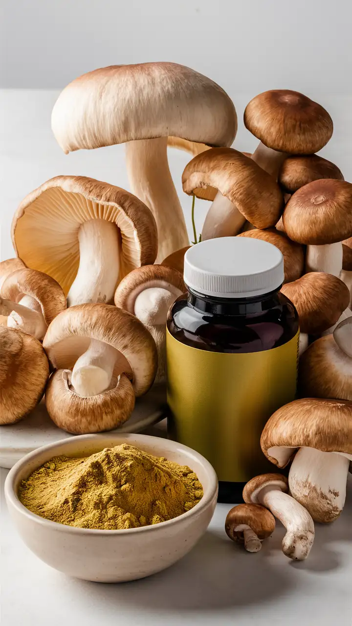 A depiction of some very healthy, natural mushrooms. Next to it is a supplement bottle, and in front of it is a bowl with powder of the same color. 
