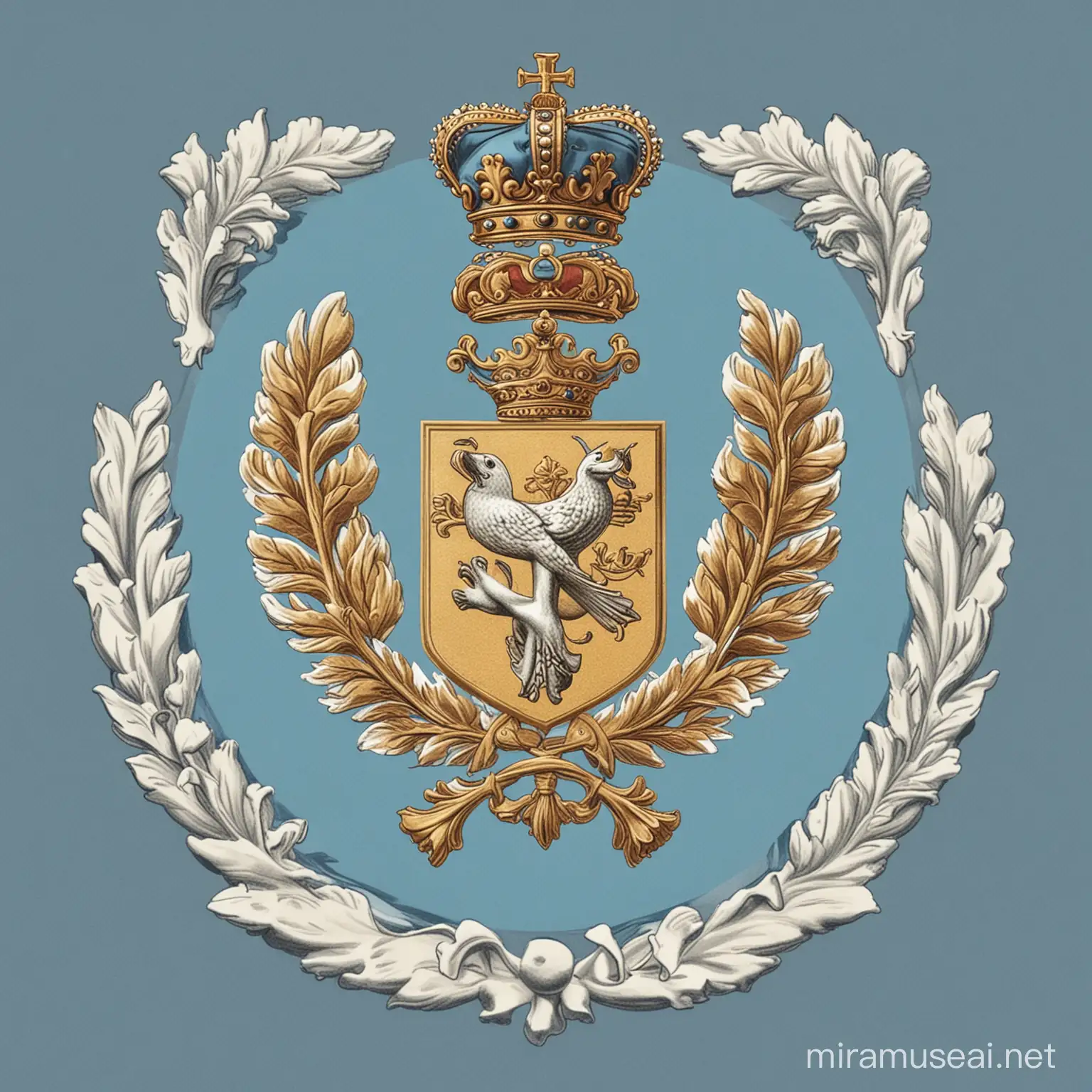 Can you make a coat of arms for a small cold country for by Antarctica, can you also include fat seals (preferably 2), British crown, leaf wreath and a crest up top. The main colors should be white, light blue and gold.