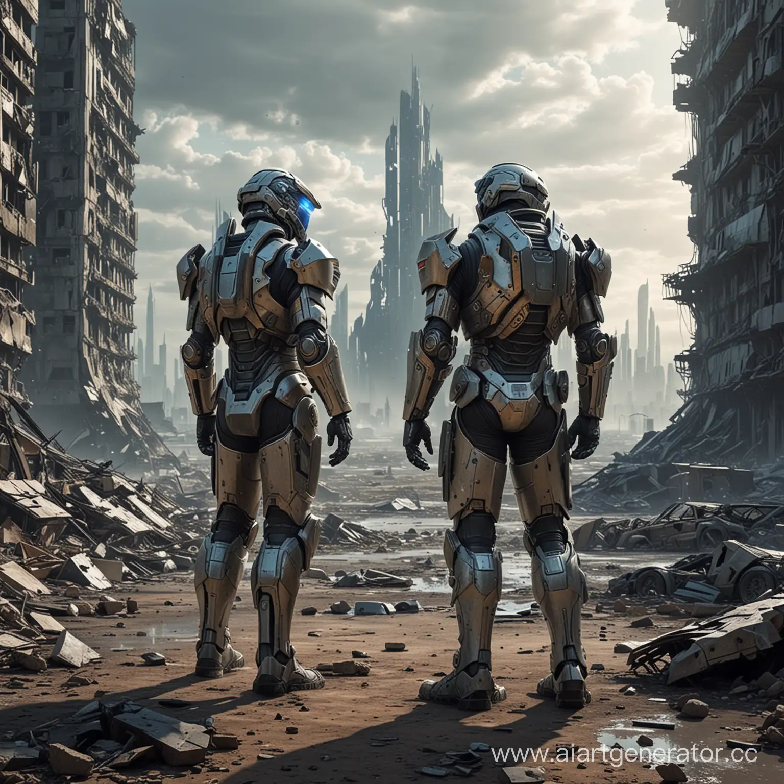 Два потрепанных солдата в футуристичной броне стоят лицом к разрушенному городу будущего