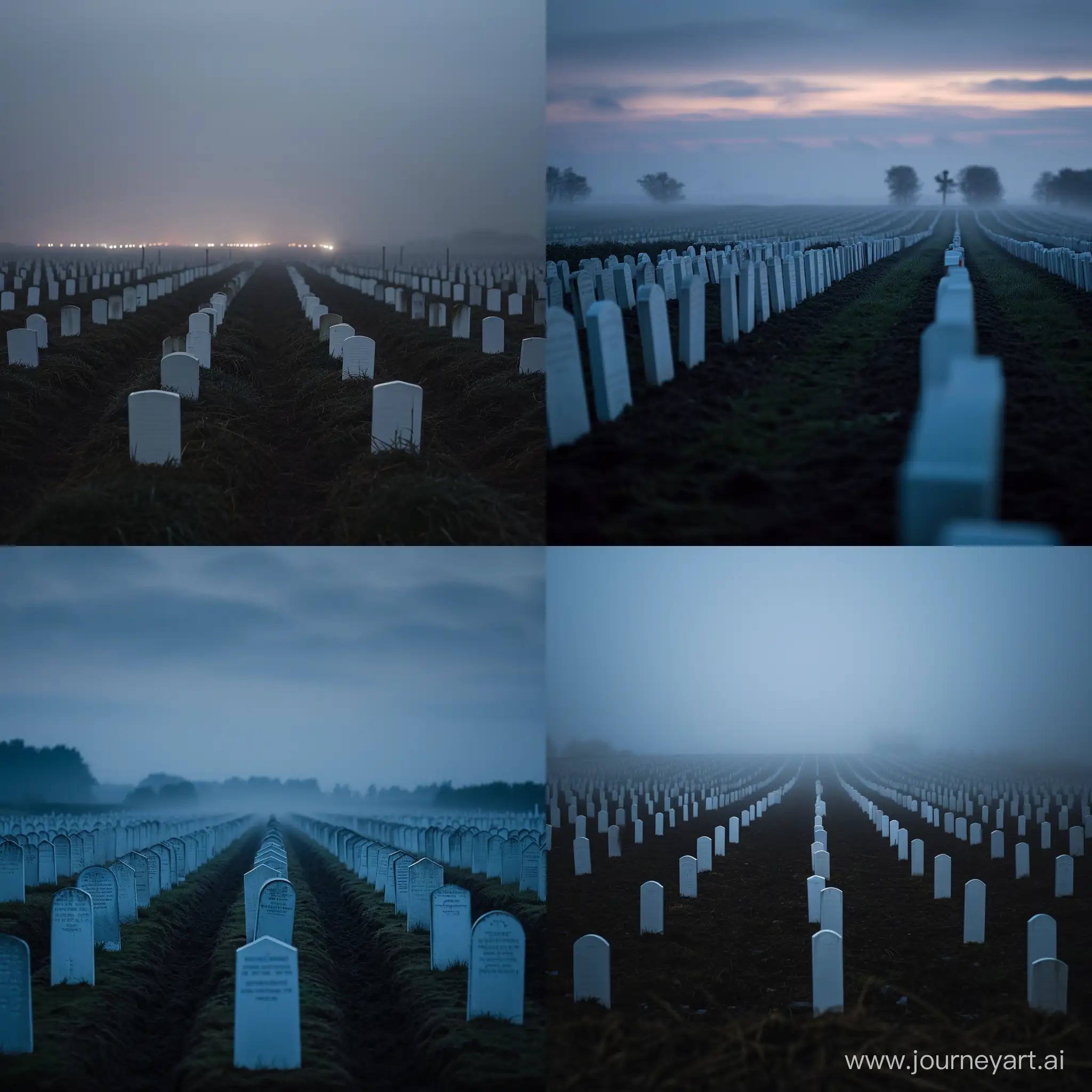 A foggy Flanders Fields at dusk, rows of simple white grave markers emerging from the mist as night falls on the silent landscape, Type of Image: Photograph, Camera: Canon 5D Mark IV, Lens: 70-200mm f2.8L IS II USM, Shot: Mid-shot taking in the field of remembrance.
