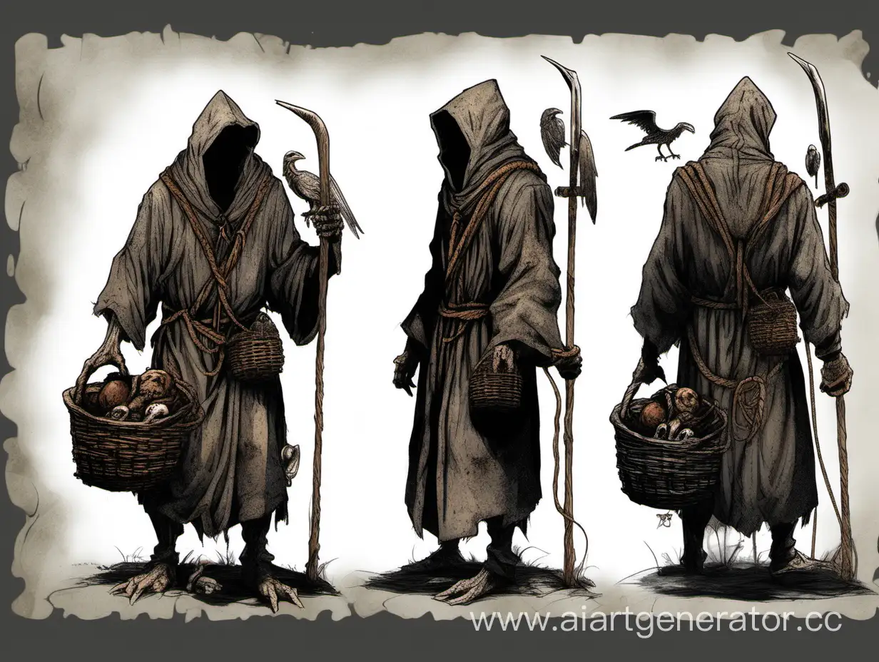 Hermit in rugged and patch robe, face in horrible scars. On his back he wears basket backpack. On his rope belt rusted mug and two small bone charms. In hand wooden staff. Near him two beasts accompanied him. Dark souls.