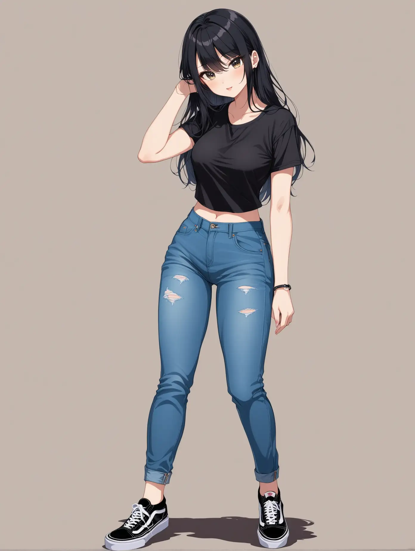 Full body image of a sensual anime black hair hot woman wearing jeans and vans sneakers size 3