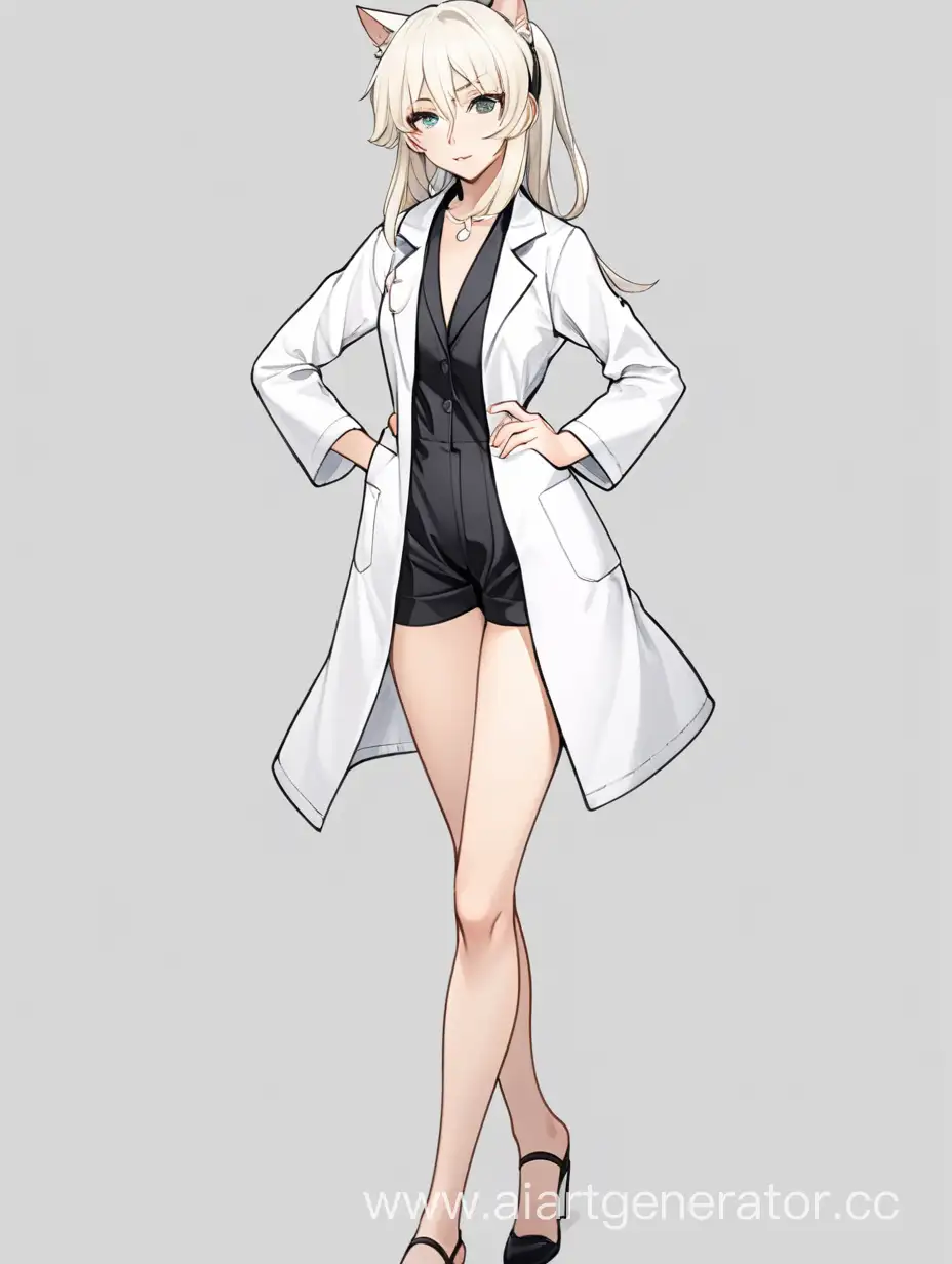 full body perspective, standard pose of a single anime woman wearing heels, a short black romper, and white labcoat. Catgirl with cream colored hair 

white background