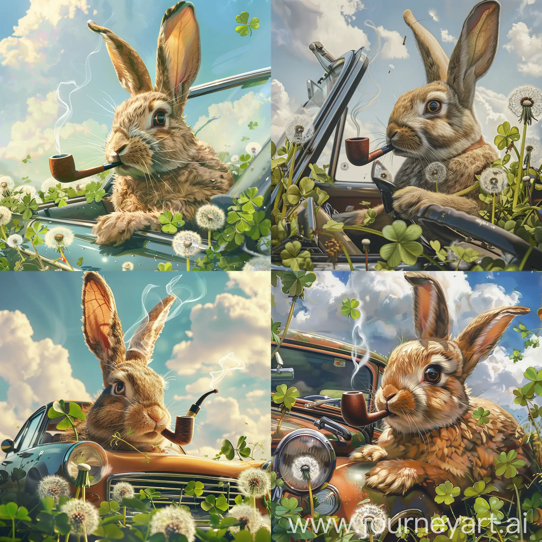 Retro-Bunny-Driving-a-Car-Sunny-Day-with-Clover-and-Dandelions