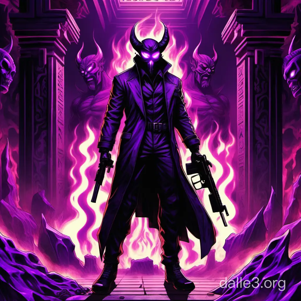 in the long-forgotten temple of the olympic god, which is all covered in purple flame, a guy in a black tactical suit and a demon mask stands with his back, with gun in hand