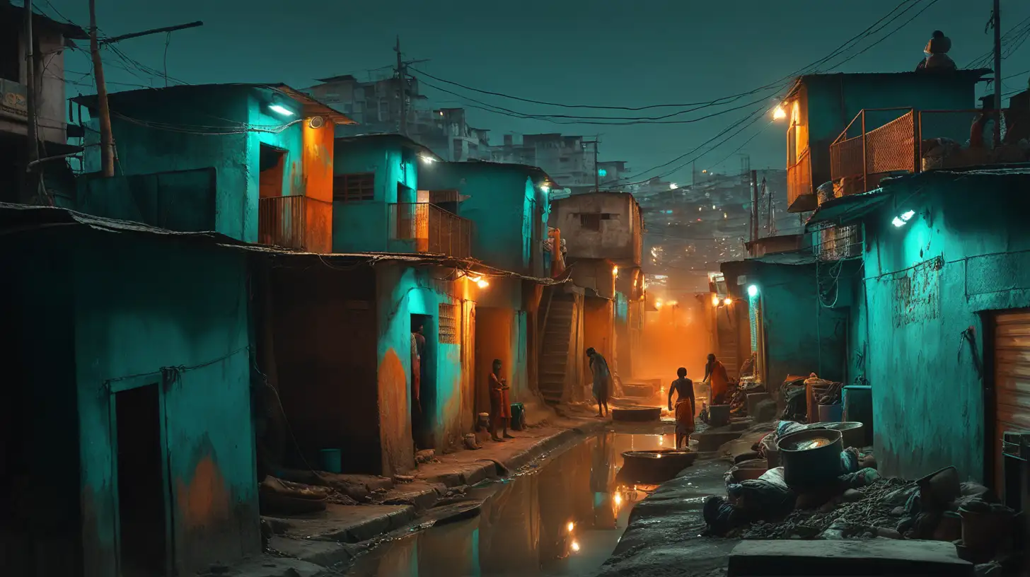 Cinematic Still, Indian Slums, Night Time, Teal and Orange Colour, Sewers, horror