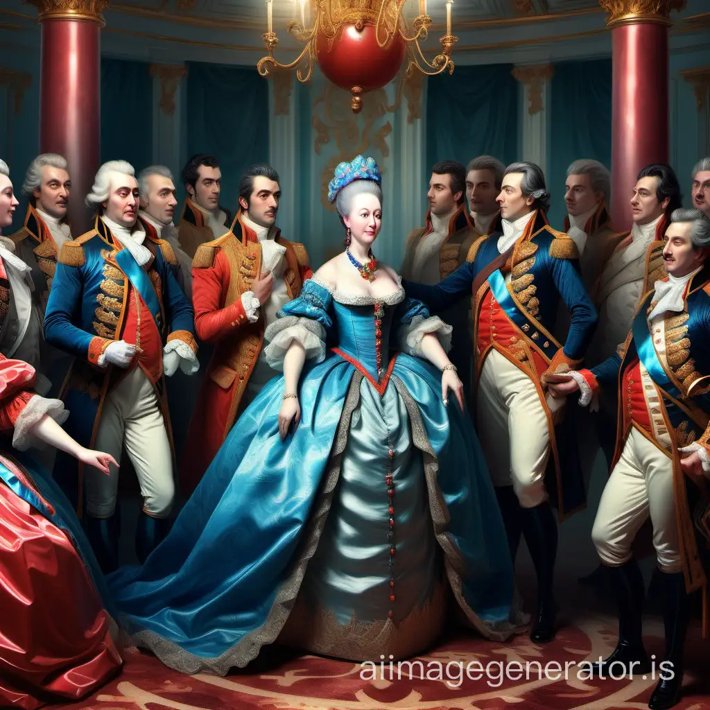 Екатерина Великая в окружении красивых мужчин на балу, в стиле игры имаджинариум,безумная картинка, сочные цвета, высокая детализация, рисунок высокой четкости, высокое разрешение, HD, 16k, хорошо прорисованный