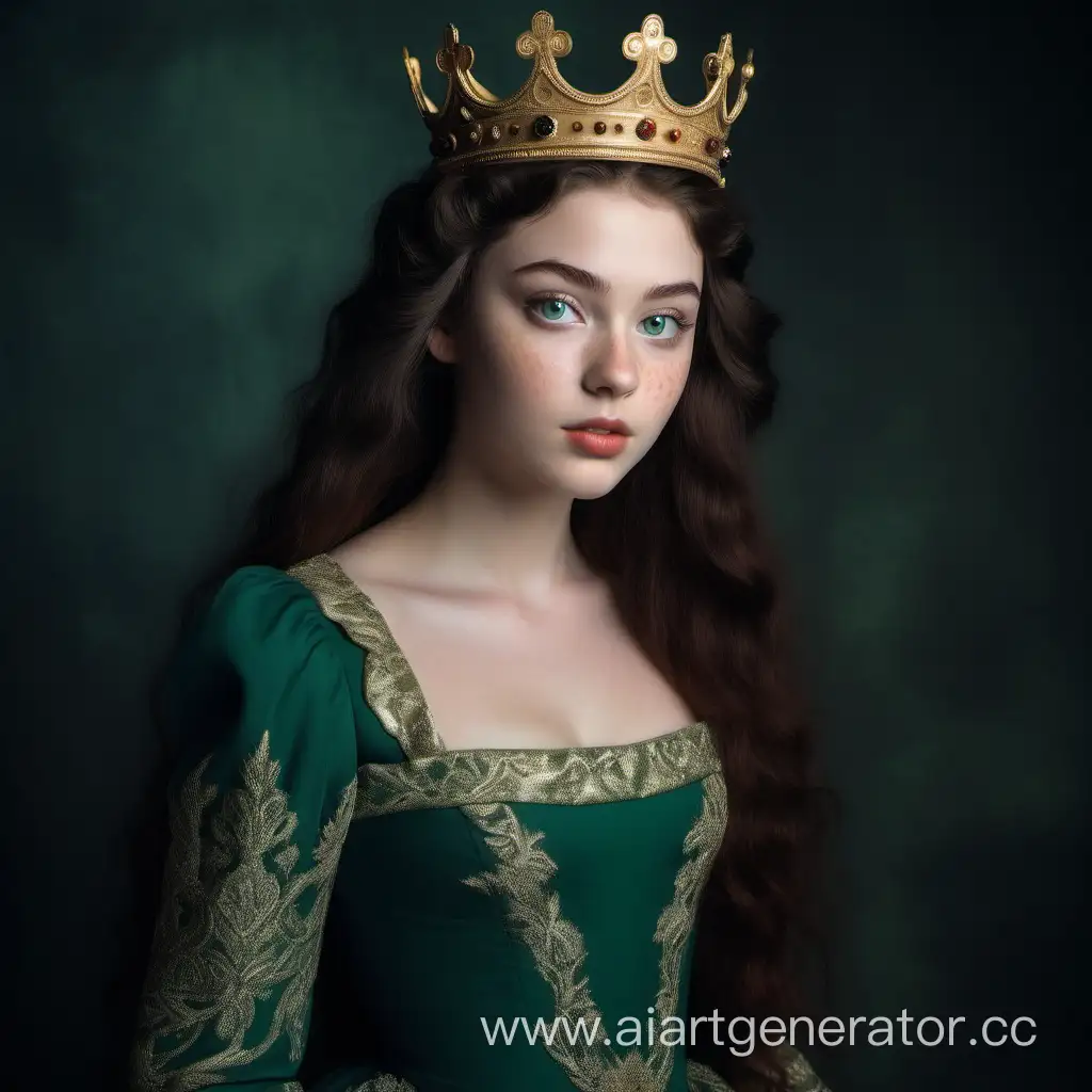 Девушка двадцати лет, худенькая, большие зелёные глаза, пухлые губы, на лице веснушки, длинное пышное платье с длинными рукавами, похожа на королеву, длинные тёмные волосы, на голове корона