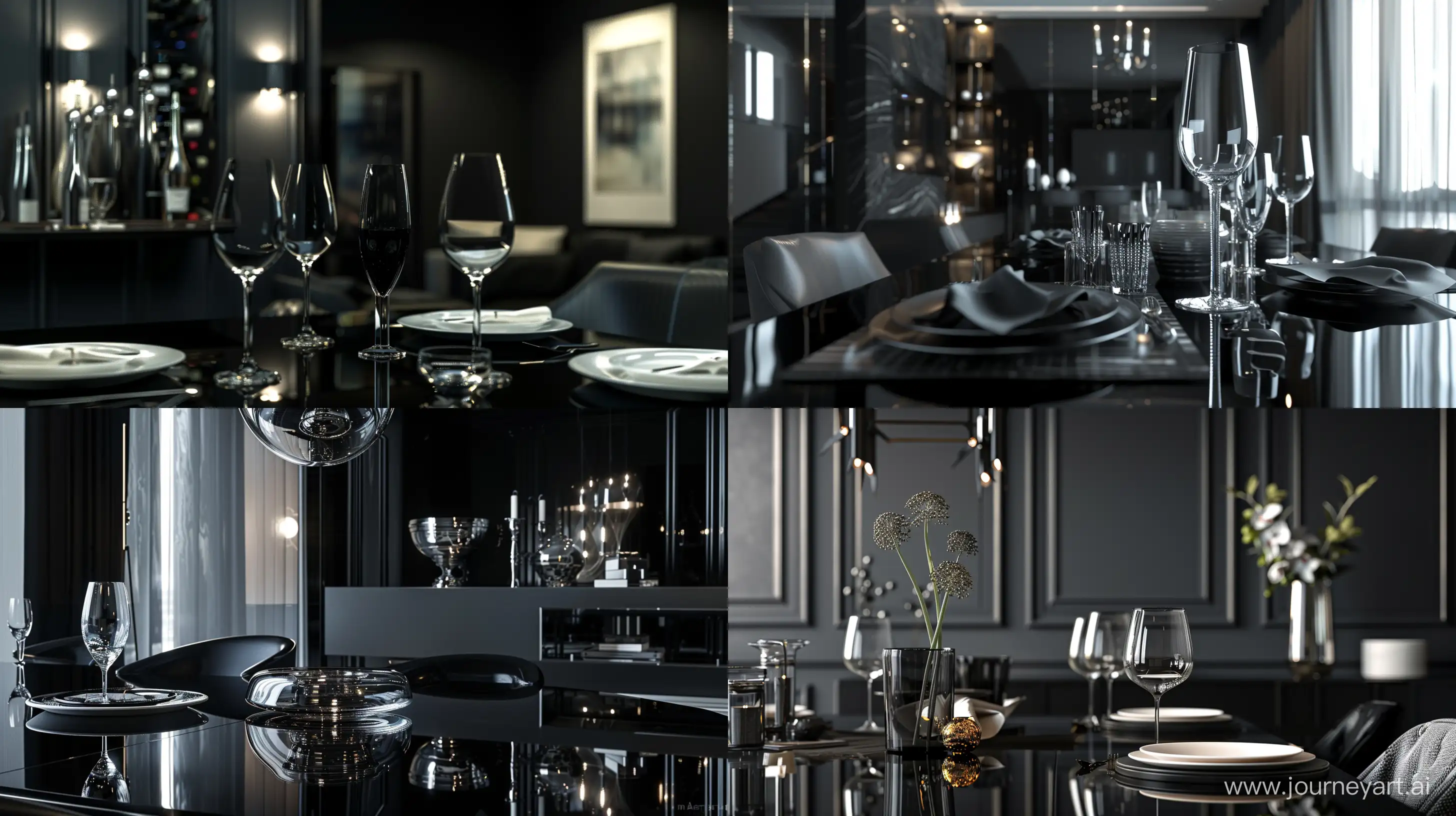 Embark on a journey of sleek sophistication in a black dining room adorned with minimalist interior decor, enveloped in the luxurious sheen of shiny black colors, the trendsetting palette of today. Visualize a space exuding opulence and refinement, where every detail exudes modern charm. --ar 16:9