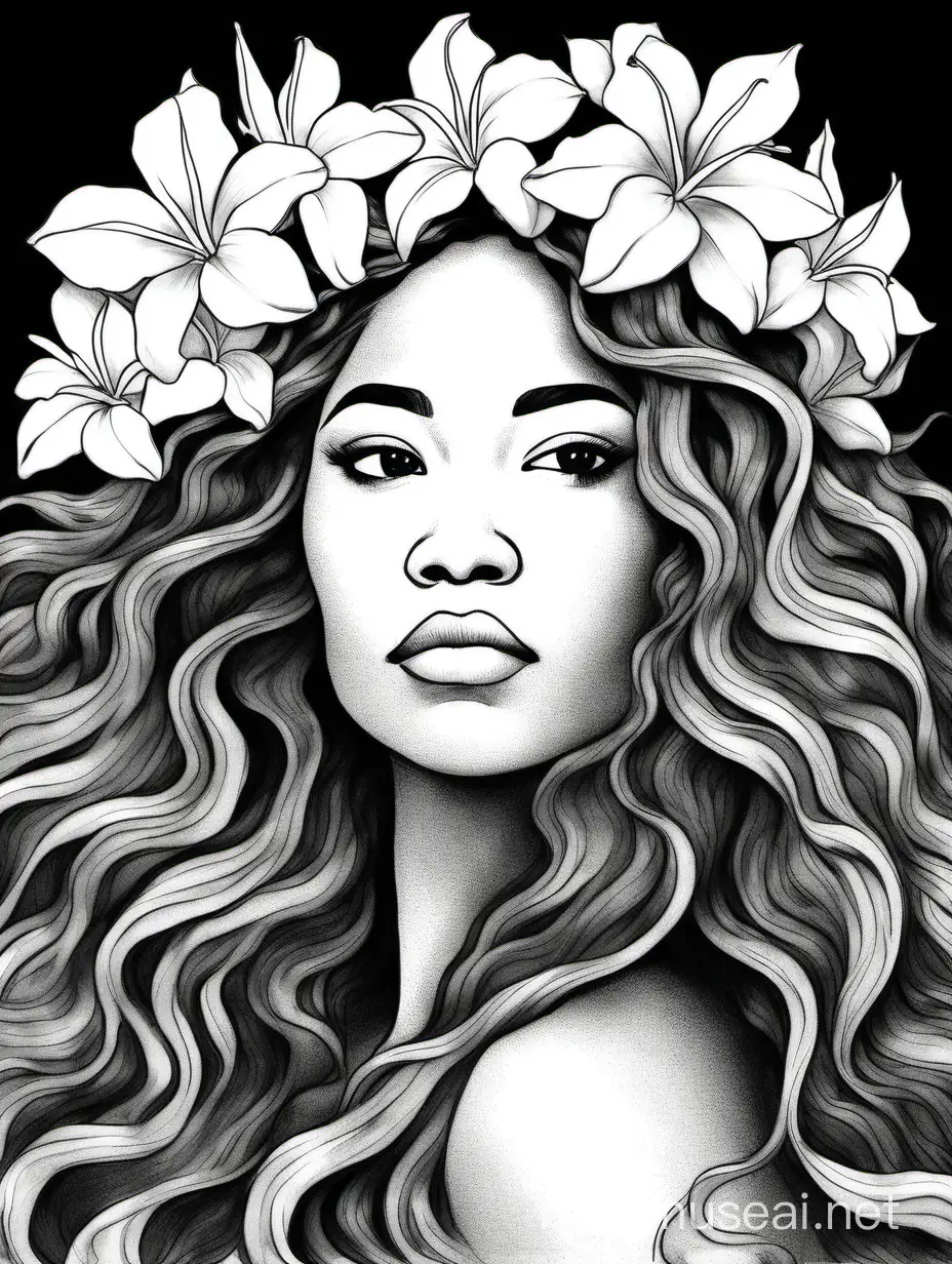 Draw me a black and white picture of a Hawaiian dancer with long wavy hair and an exotic look on her face as she looks up toward the sun. white background. She is not looking at me. She has a flower crown on her head made of plumerias. she is wearing a lei around her neck and she is not wearing earrings. Her skin is soft and light and her eyes are dark. She is in a soulful pose at the shoreline toward the ocean.
