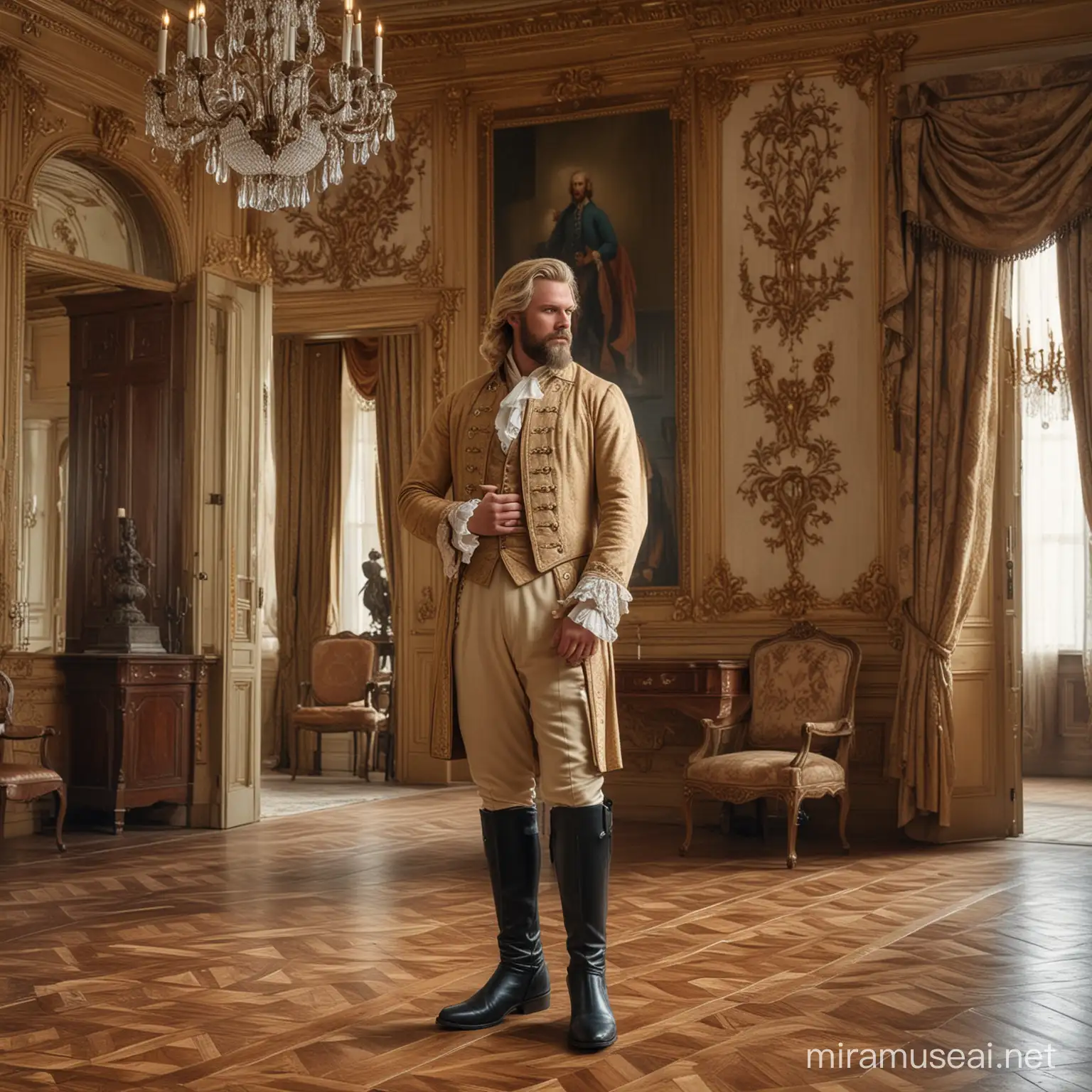 a big brutal man with blond straight hair and a beard!!!! Dressed in the costume of an 18th century aristocrat !!!!! he stands tall against the background of an ornate room , his thoughtful gaze is visible , his boots are visible !!!!! ((masterpiece)), ((best quality)) , high detail,, highest detail, high detail, color rendering, beautiful, HDR, Photorealistic,