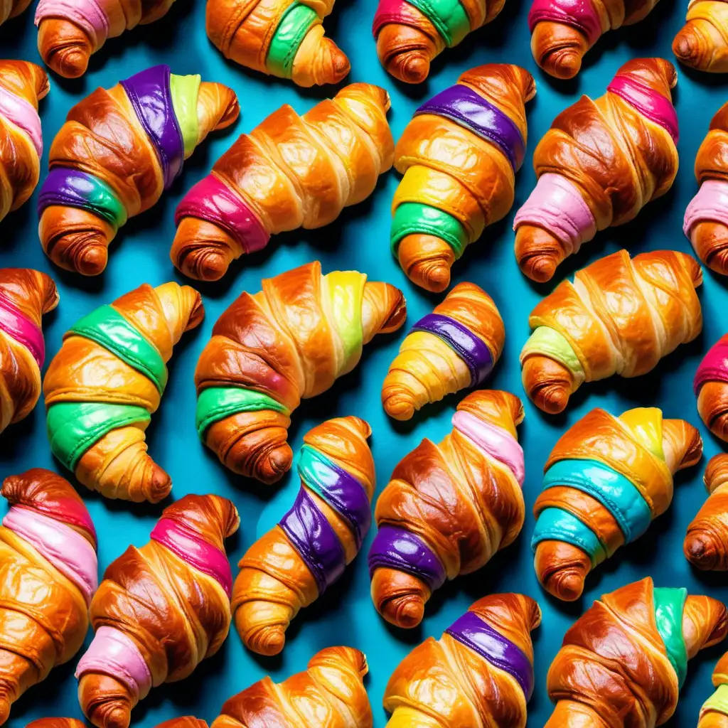 Vibrant Illusion of Colorful Croissants Baking Artistry in Kaleidoscopic Patterns