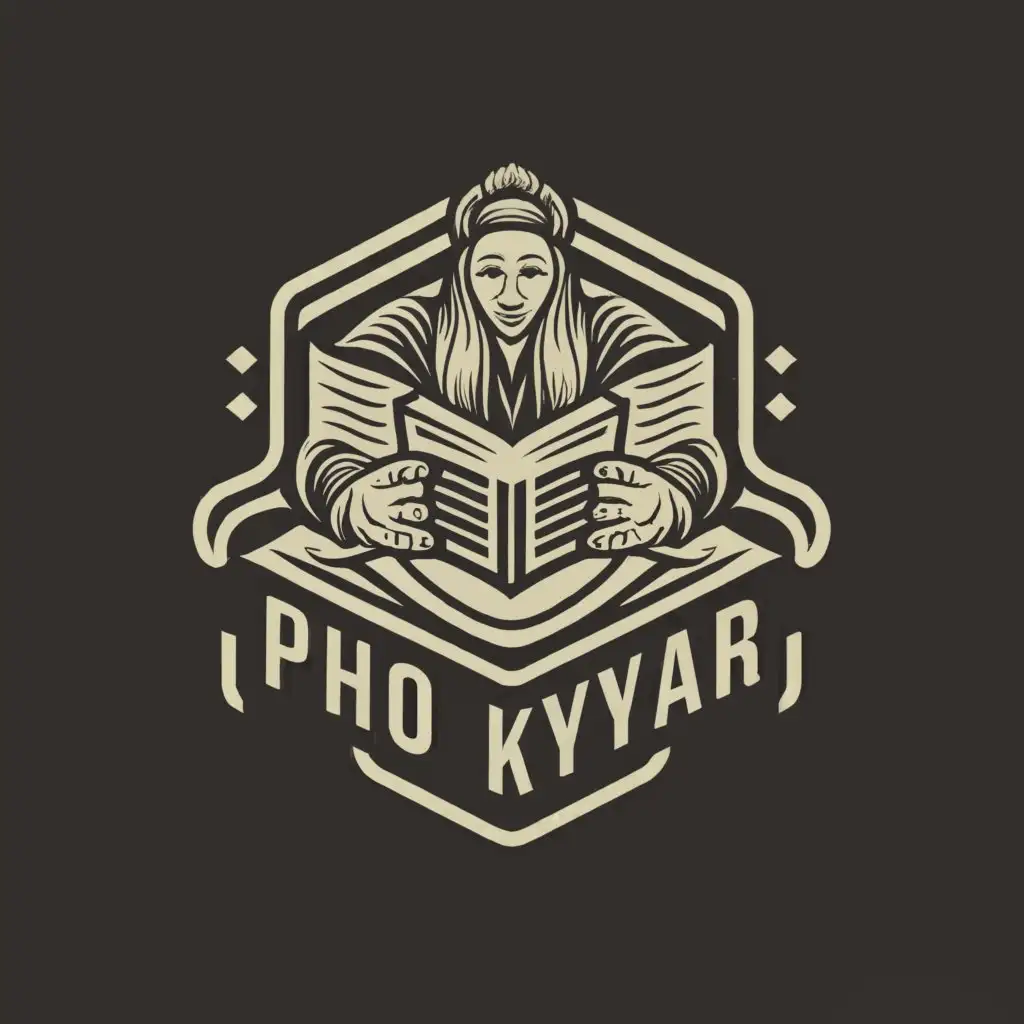 a logo design,with the text "Pho Kyar", main symbol:a black and white sketch of a thick book with a student standing over it,complex,be used in Education industry,clear background