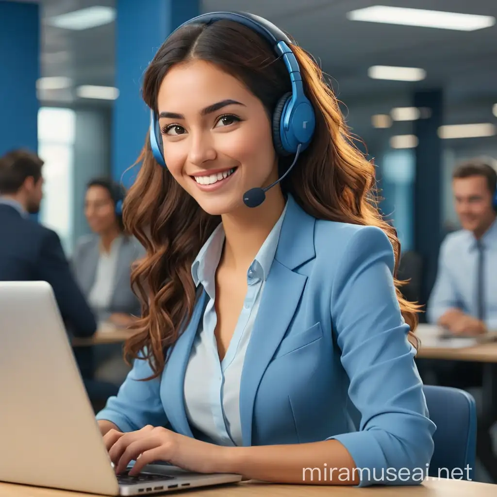 A woman with call center headphone working on a laptop in a blue themed work area smiling while talking and in blue theme casual business attire