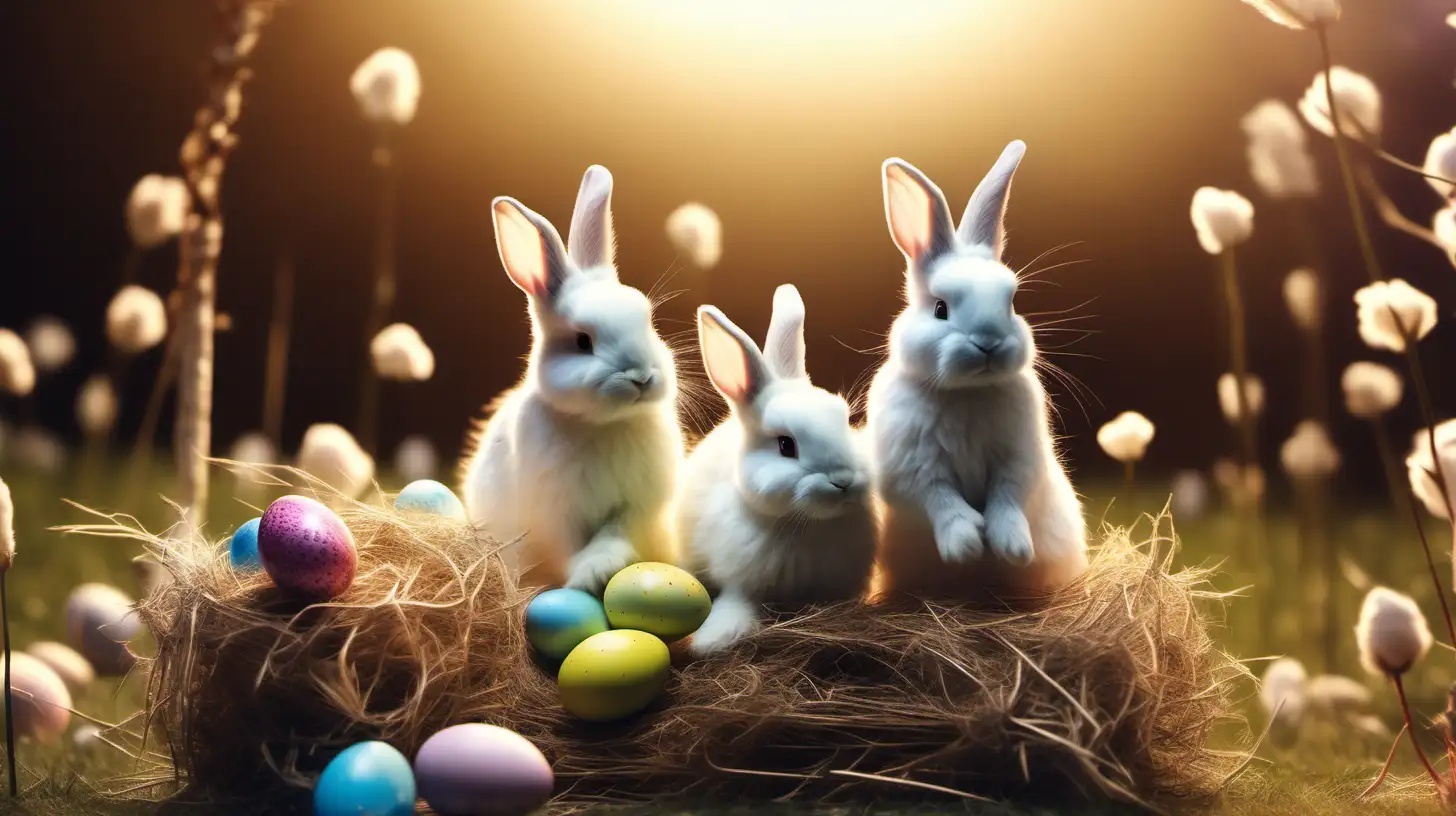 Easter Bunnies Hunting Colorful Eggs in Meadow Filled with Cotton Flowers