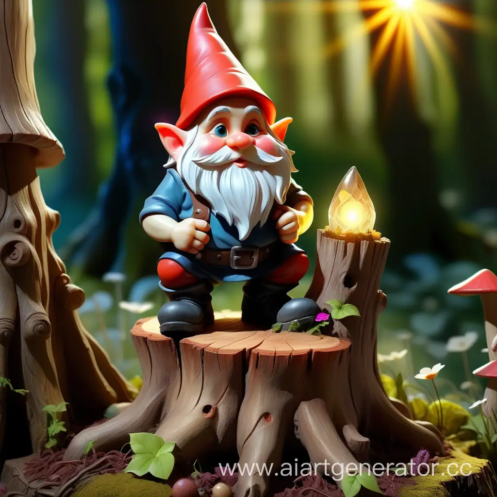 Enchanting-Sunlit-Gnome-on-a-Forest-Stump