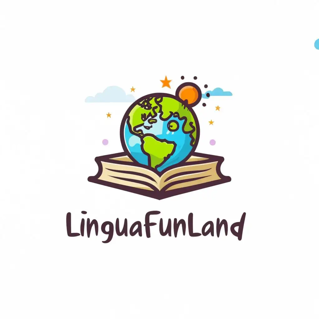 a logo design,with the text "LinguaFunLand", main symbol:planet earth on top of the open book, be used in Education industry