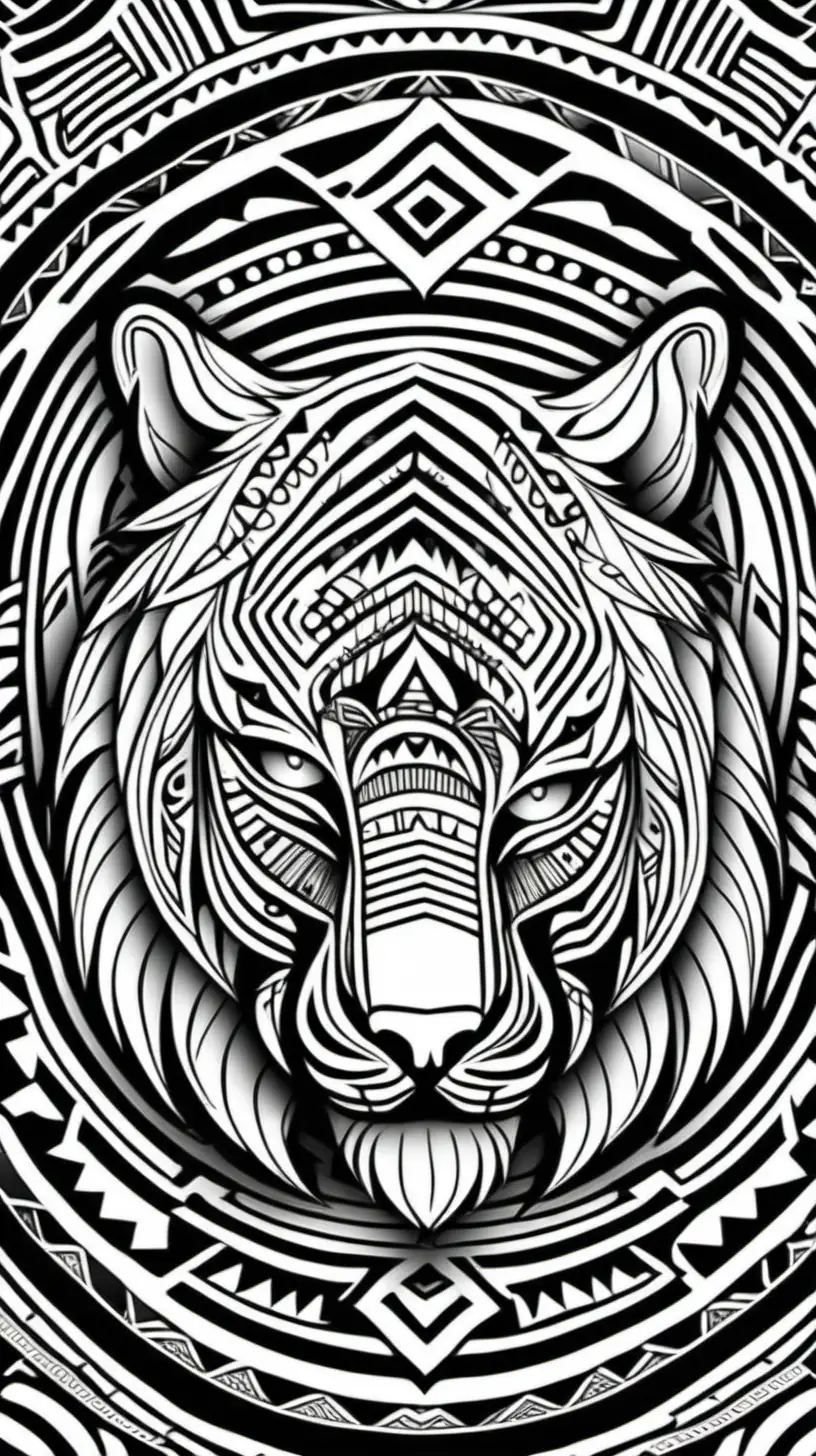 tribal pattern tiger mandala, coloring book image, thick black clean lines, native American Indian style,
