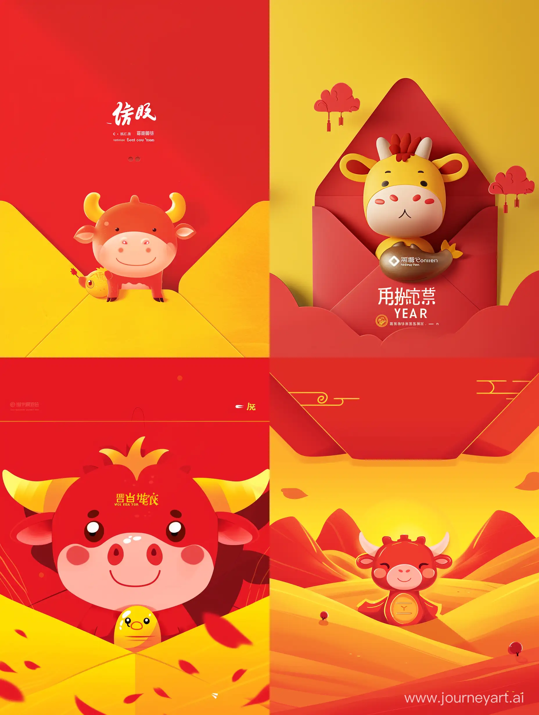 Design a WeChat Dragon Year red envelope cover with a strong sense of technology. The main color tone is red and yellow, with the "cow" character as the element, gradually covering the cover with a handsome small seal cow character in the center.