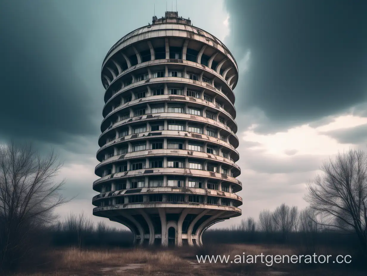 Abandoned-Retrofuturistic-Scientific-Tower-in-Urban-Landscape