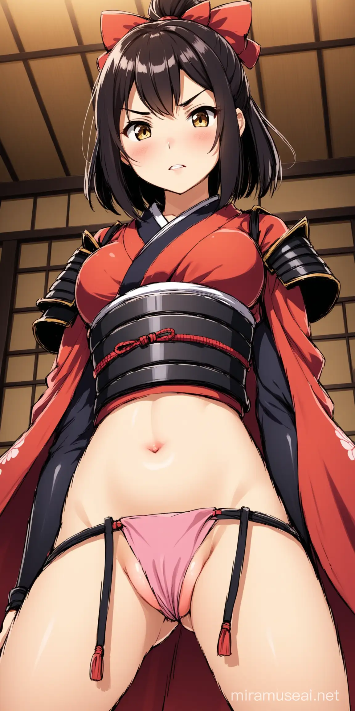 Chica animada, pechos medianos, traje de samurai, enseñando la vagina 