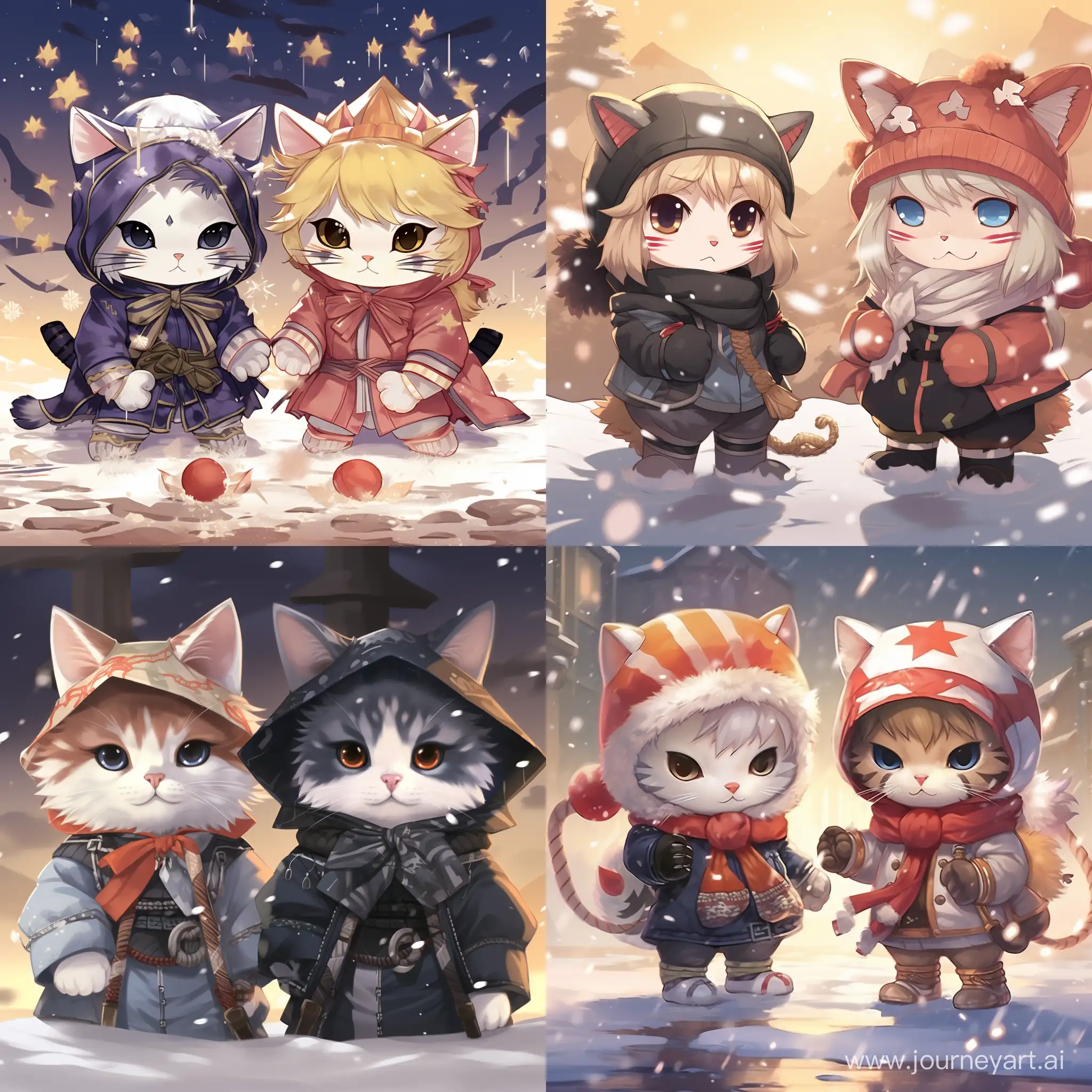 Котики в одежде в аниме стиле "магическая битва"  в новогодних шляпах под снегом