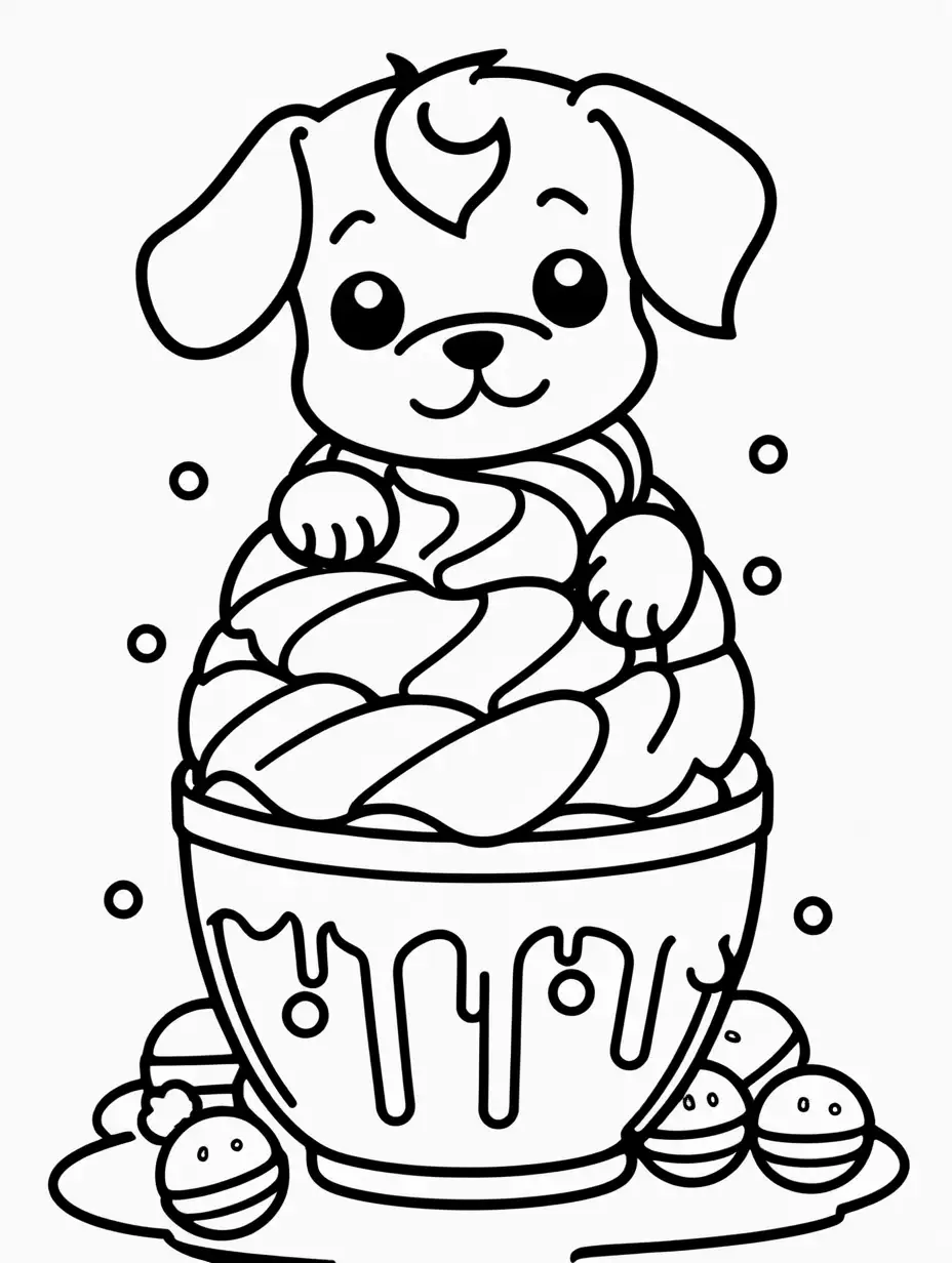 coloring page for kids with a cute kawaii puppy sitting on ice cream bowl, black lines white background, only black and white