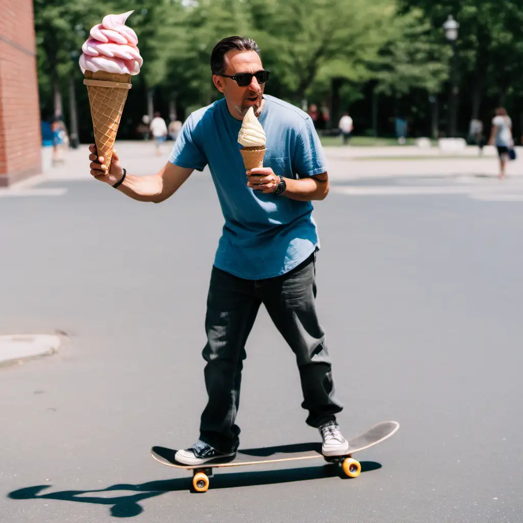 mann, mitte 30 auf einem skateboard, der eine eistüte in der hand hält